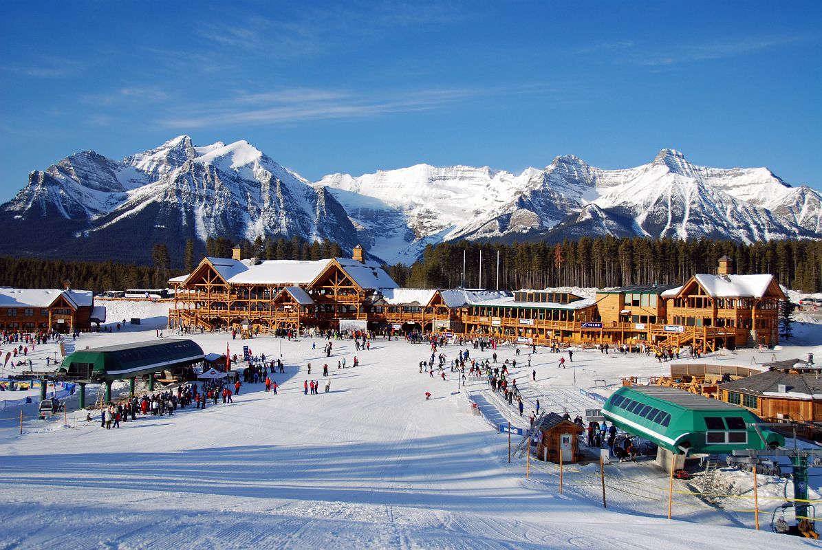 04 Lake Louise Lodge, Chairlift and Gondola With Sheol Mountain, Haddo Peak and Mount Aberdeen, Fairview Mountain, Mount Victoria, Mount Whyte and Mount Niblock